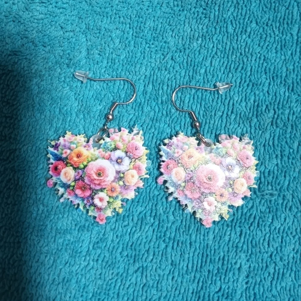 Floral Dangle Wire Heart Earrings Colorful Multicolor Flower